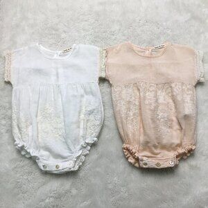 Babe & Tess Set of Two White and Peach Embroidered Onesies size 3 and 6 months